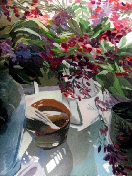 Red and Purple flowers with Gourds